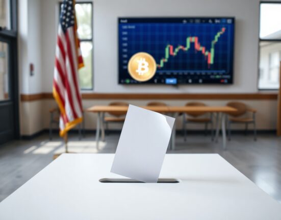 Polling station with ballot box and blurred flag, symbolizing voter attitudes toward crypto-backed candidates