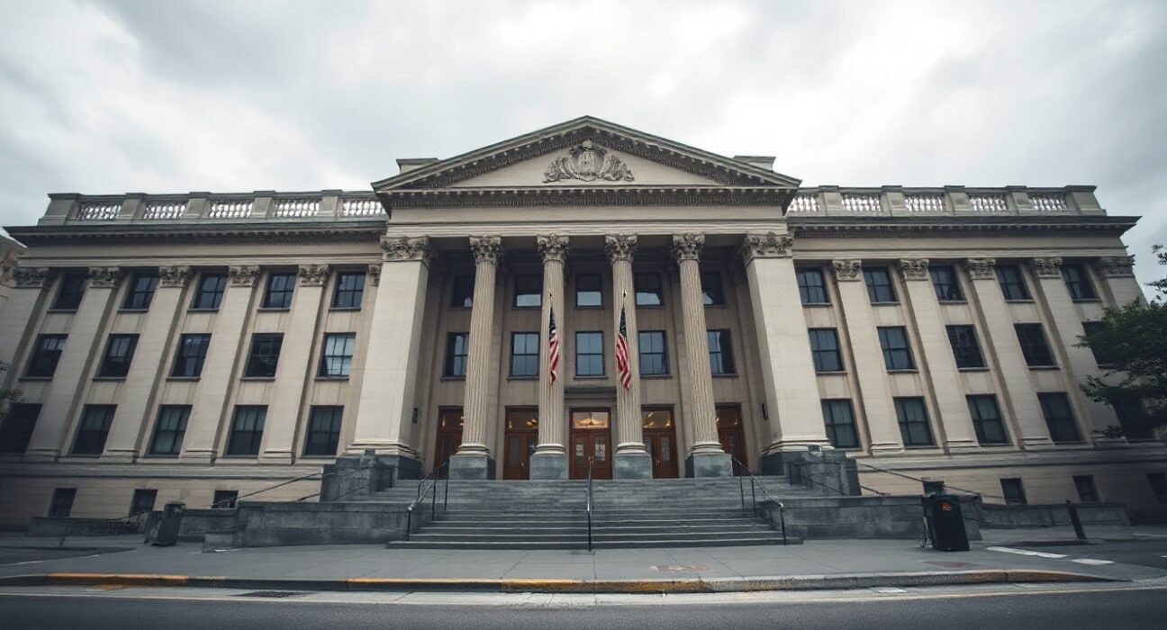 Exterior of the U.S. Department of Labor building in Washington D.C. under gray sky.