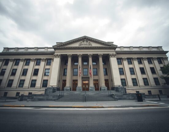 Exterior of the U.S. Department of Labor building in Washington D.C. under gray sky.