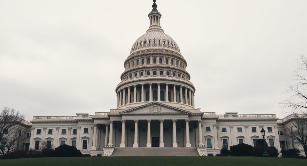 U.S. Capitol building under overcast sky, representing legislative debate over the Clarity Act and cryptocurrency ethics rules.