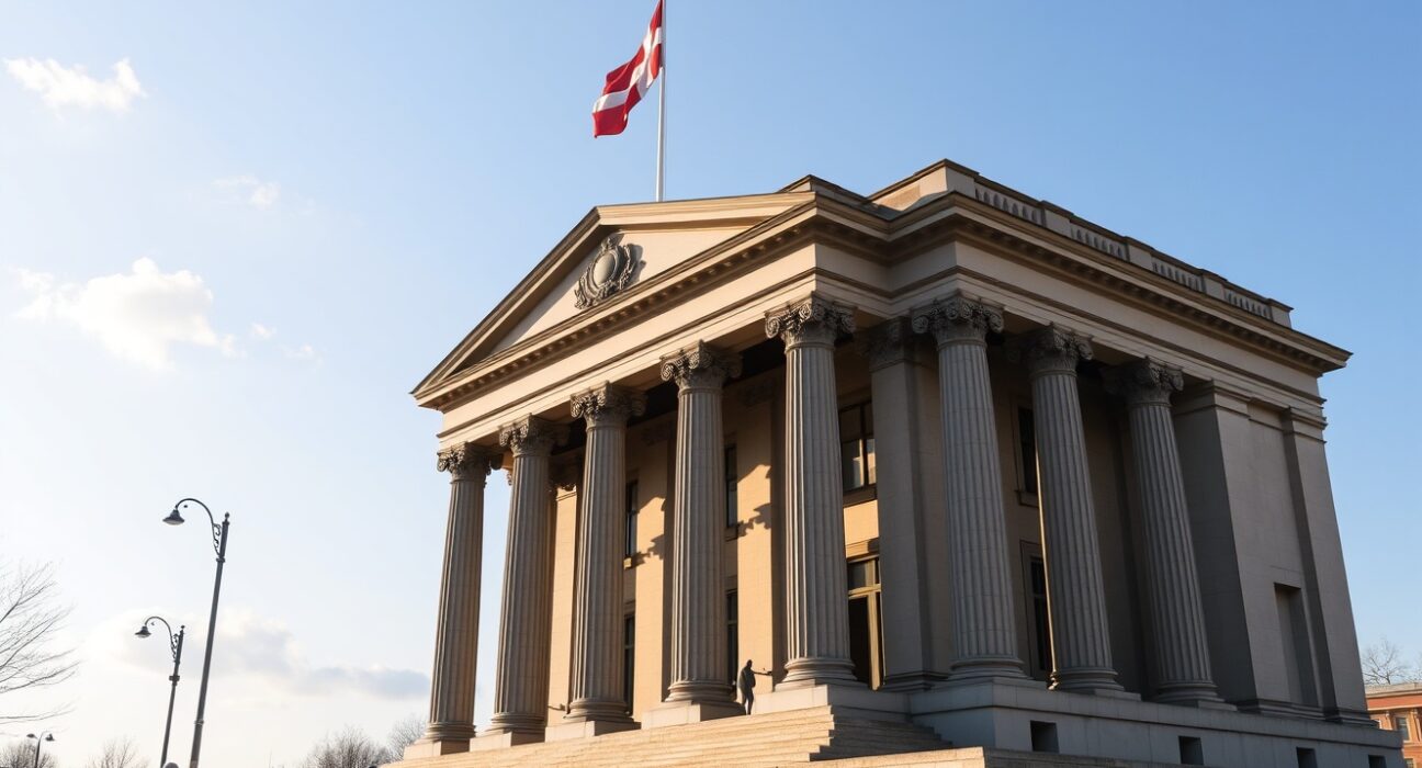 Danmarks Nationalbank building in Copenhagen, representing Denmark's central bank currency interventions in April
