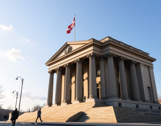 Danmarks Nationalbank building in Copenhagen, representing Denmark's central bank currency interventions in April