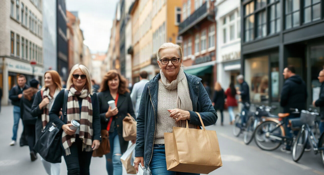 Shoppers walking in Copenhagen's Strøget street, reflecting Danish consumer sentiment in August.