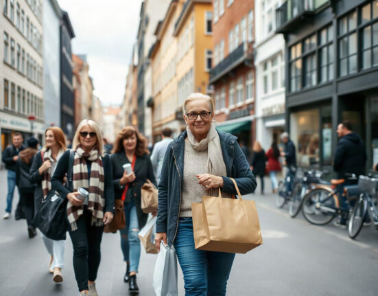 Shoppers walking in Copenhagen's Strøget street, reflecting Danish consumer sentiment in August.