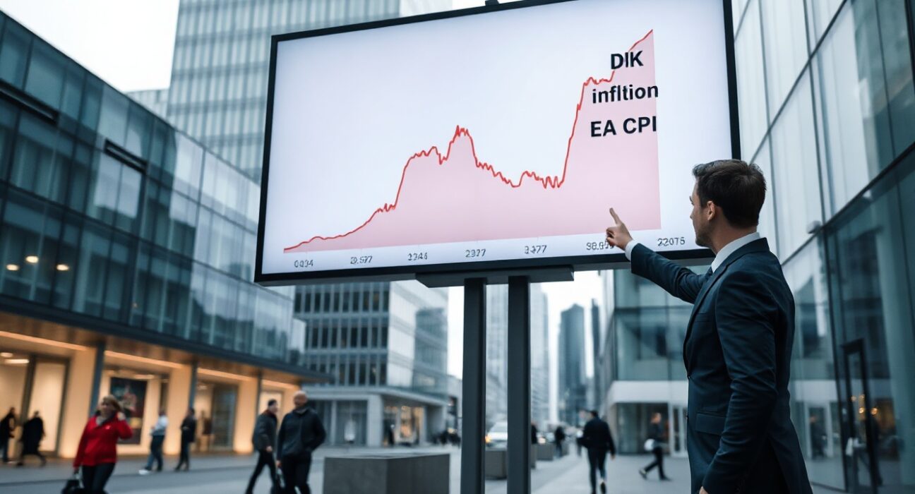 Financial analyst pointing at a screen showing Denmark's core and headline inflation data compared to the Euro area.