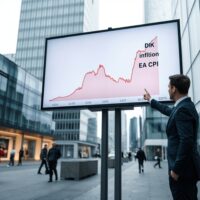 Financial analyst pointing at a screen showing Denmark's core and headline inflation data compared to the Euro area.