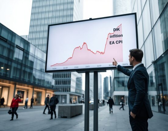 Financial analyst pointing at a screen showing Denmark's core and headline inflation data compared to the Euro area.