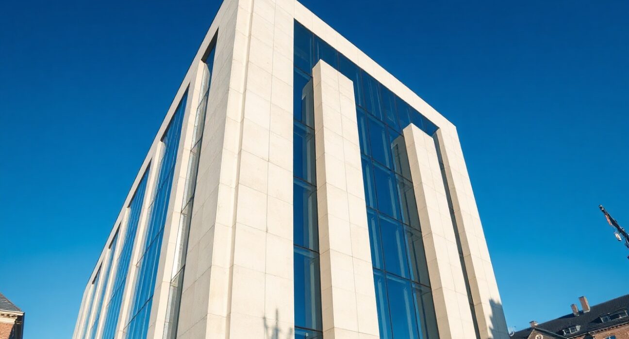 Danmarks Nationalbank building in Copenhagen, Denmark, symbolizing the country's central bank and currency reserves.