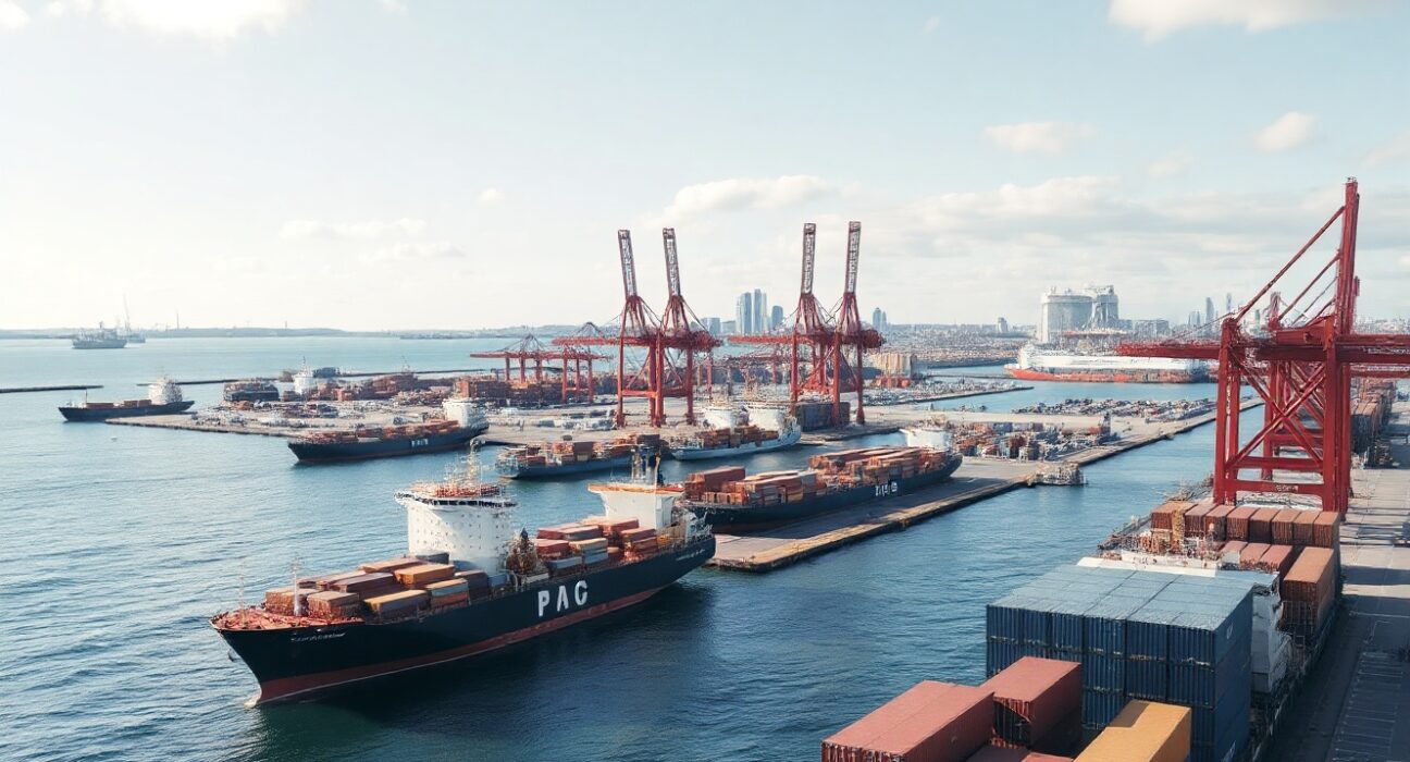 Cargo ships and cranes at the Port of Copenhagen on a sunny day, symbolizing Denmark's trade activity.