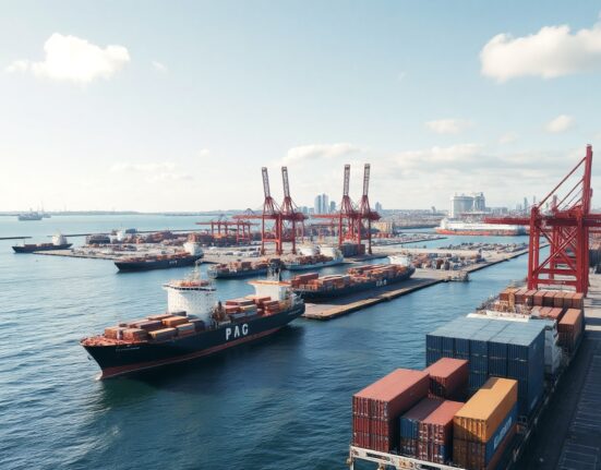 Cargo ships and cranes at the Port of Copenhagen on a sunny day, symbolizing Denmark's trade activity.