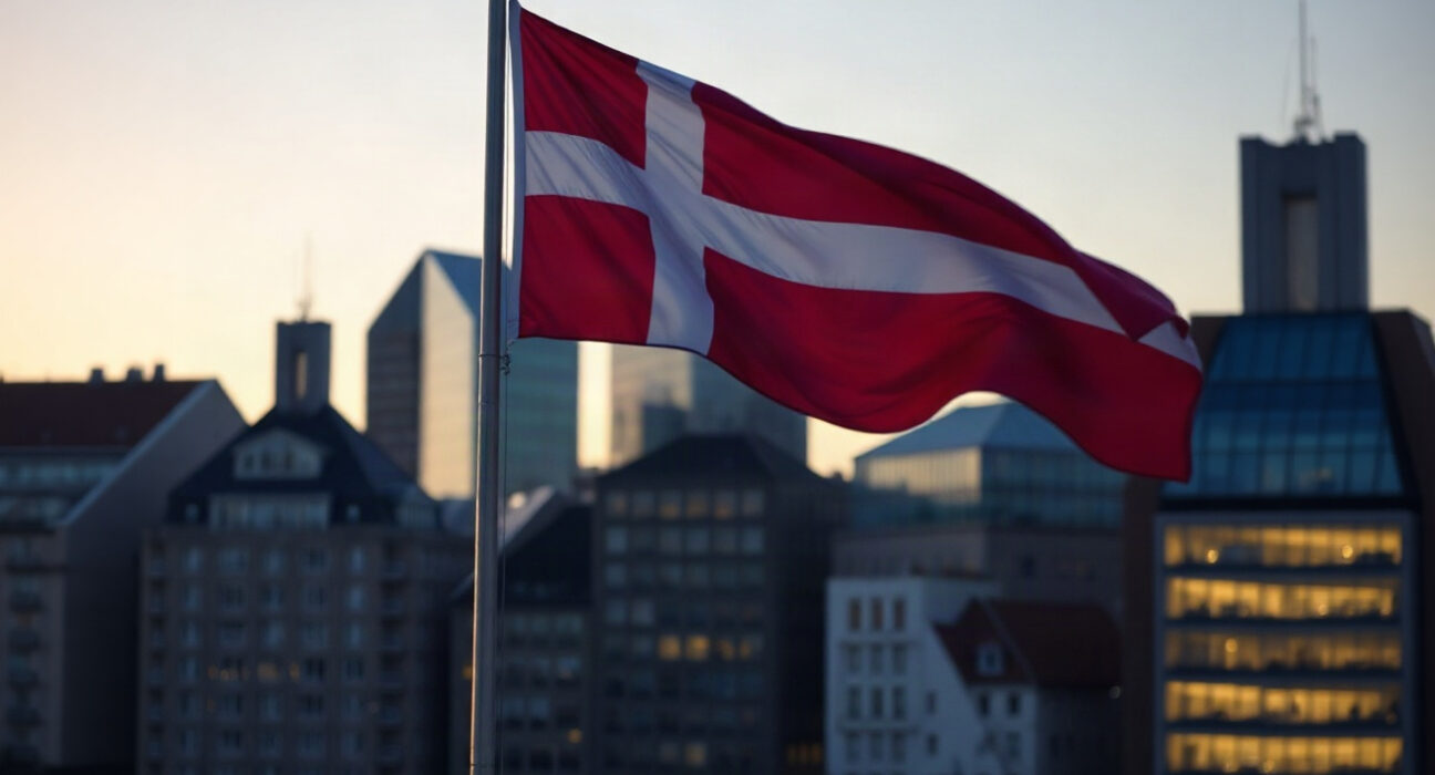 Copenhagen skyline with Danish flag, representing Denmark's economic slowdown in Q2 2022