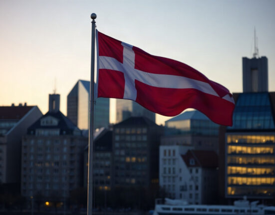 Copenhagen skyline with Danish flag, representing Denmark's economic slowdown in Q2 2022