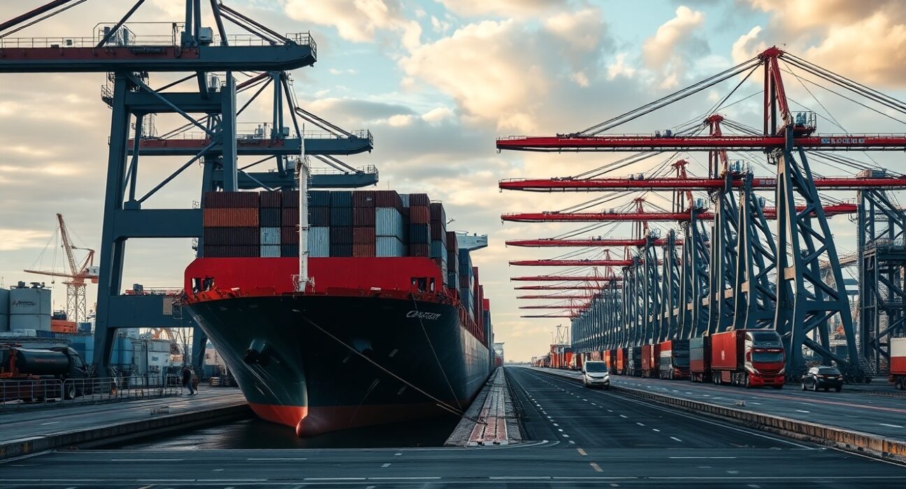 Busy Danish port with container ship and cranes under partly cloudy sky, representing goods sector resilience