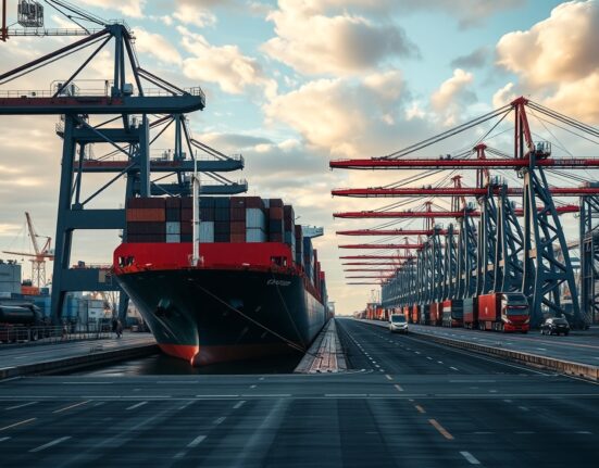 Busy Danish port with container ship and cranes under partly cloudy sky, representing goods sector resilience