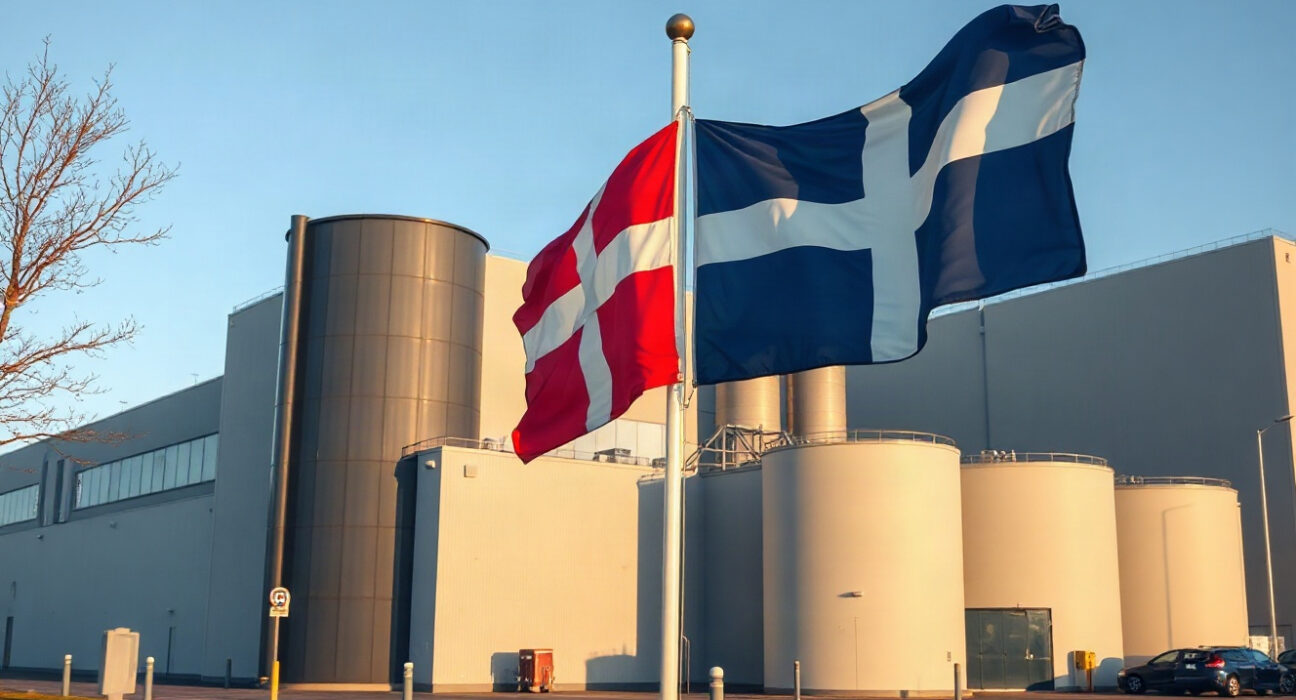 Exterior of a Danish industrial facility with the Danish flag, representing the country's manufacturing sector outlook.