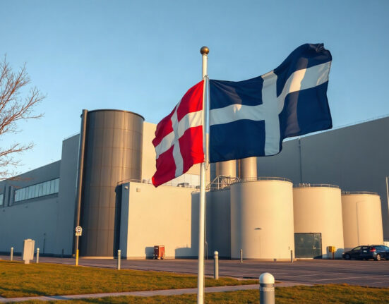 Exterior of a Danish industrial facility with the Danish flag, representing the country's manufacturing sector outlook.