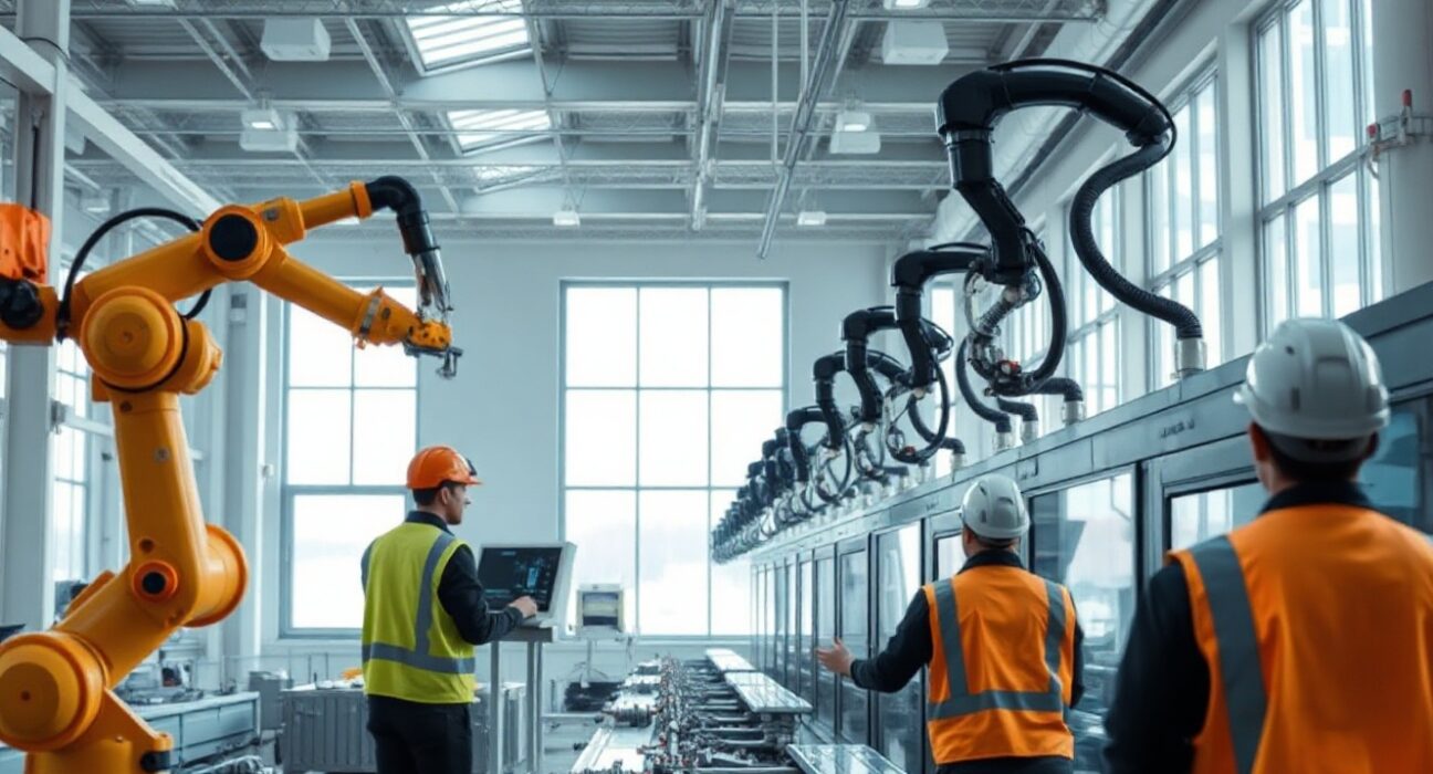 Modern Danish industrial manufacturing facility with automated machinery and workers in safety gear
