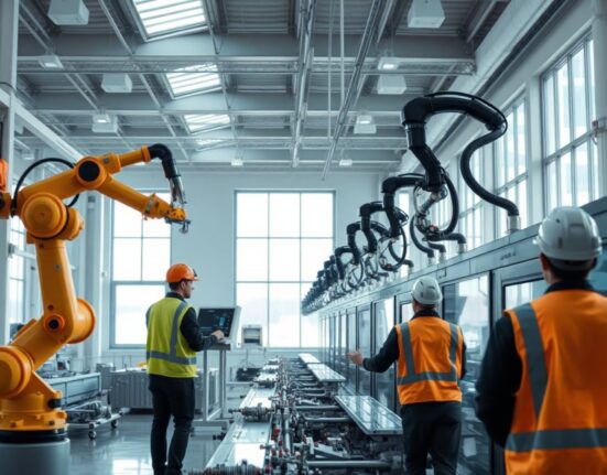 Modern Danish industrial manufacturing facility with automated machinery and workers in safety gear
