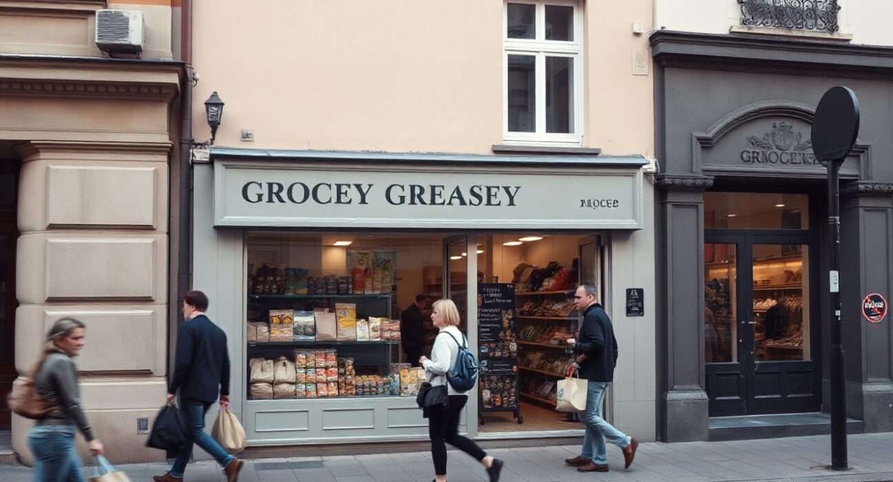 Shoppers on a Copenhagen street with a grocery store in the background, illustrating consumer price trends.
