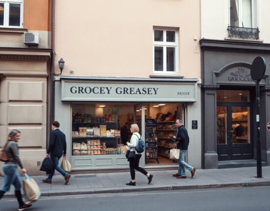Shoppers on a Copenhagen street with a grocery store in the background, illustrating consumer price trends.