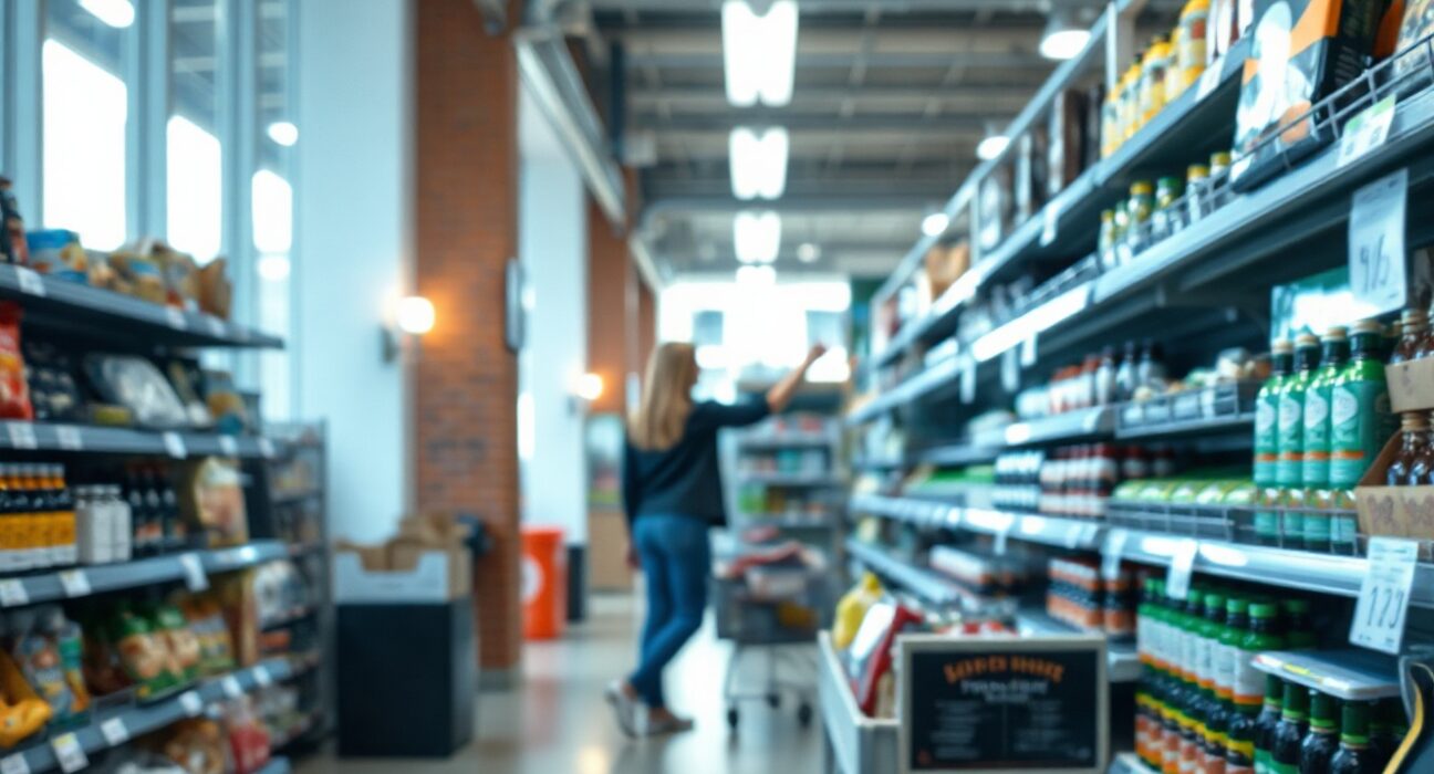Shopper in a Danish supermarket with price tags visible, illustrating consumer price changes in Denmark
