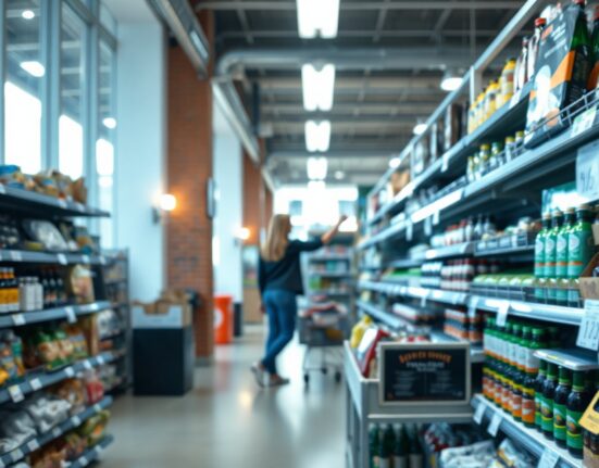 Shopper in a Danish supermarket with price tags visible, illustrating consumer price changes in Denmark