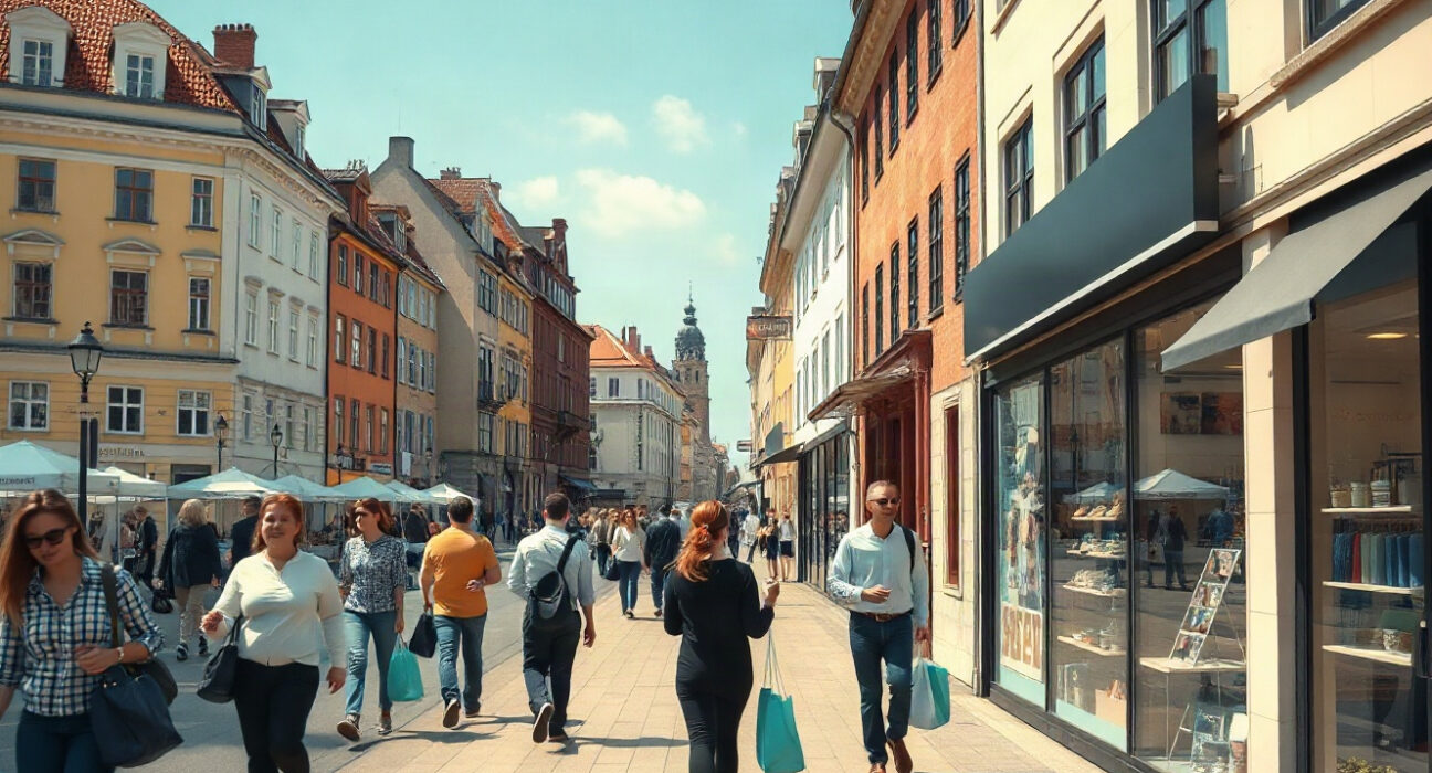 Shoppers on a Copenhagen street with storefronts, illustrating Denmark's retail sales growth