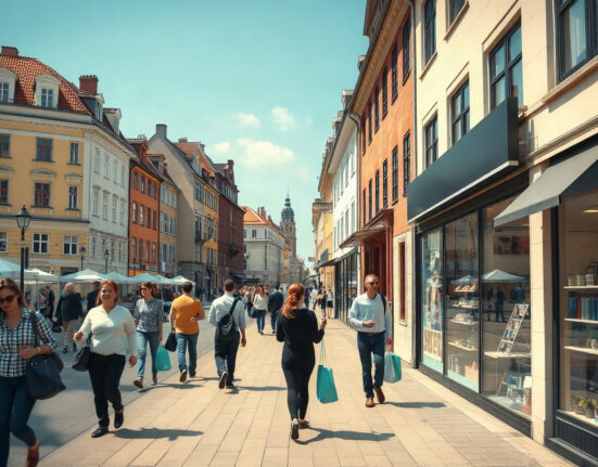 Shoppers on a Copenhagen street with storefronts, illustrating Denmark's retail sales growth