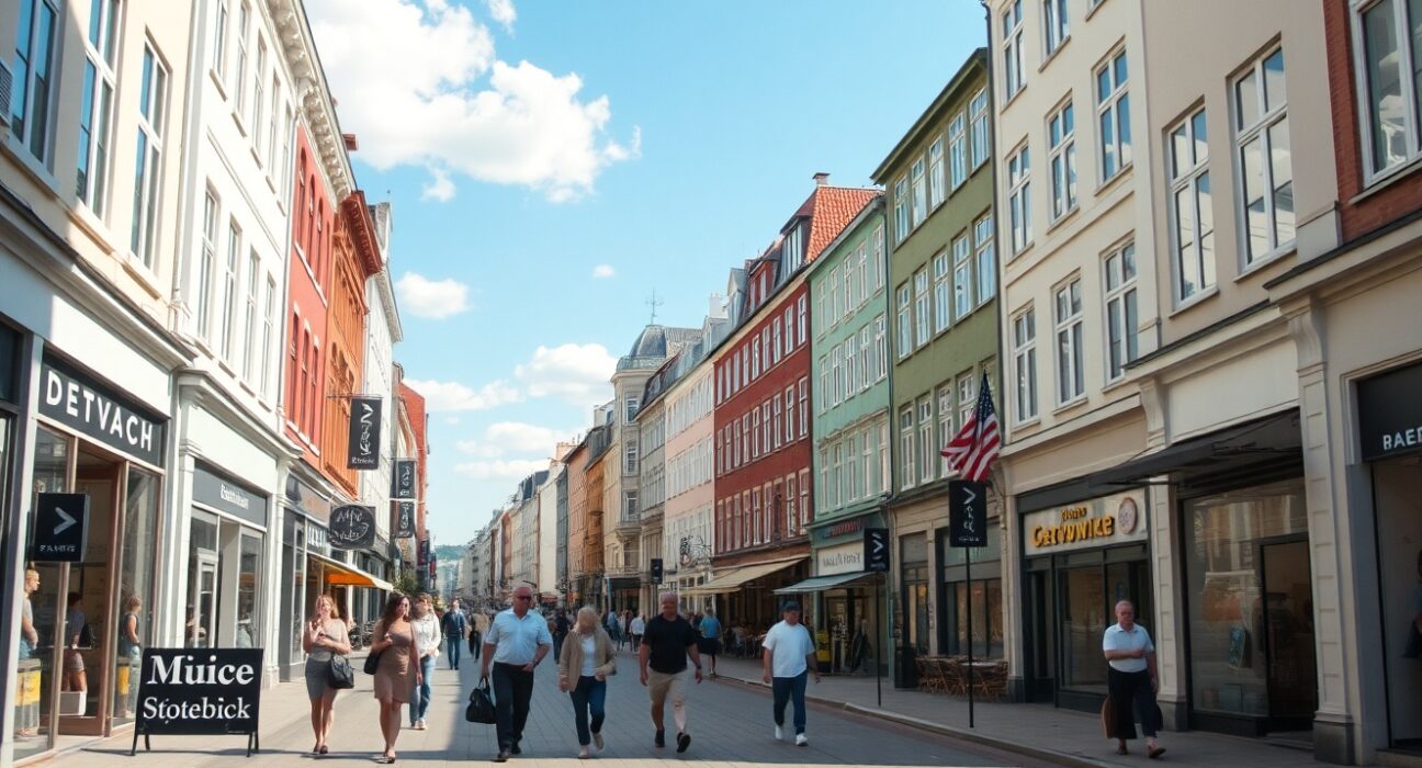 Shoppers on a sunny street in Copenhagen, Denmark, reflecting retail activity.
