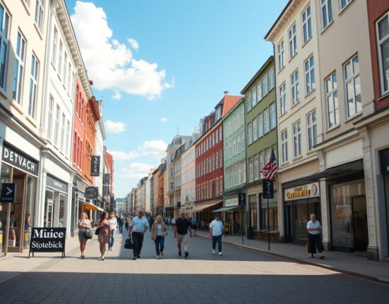 Shoppers on a sunny street in Copenhagen, Denmark, reflecting retail activity.