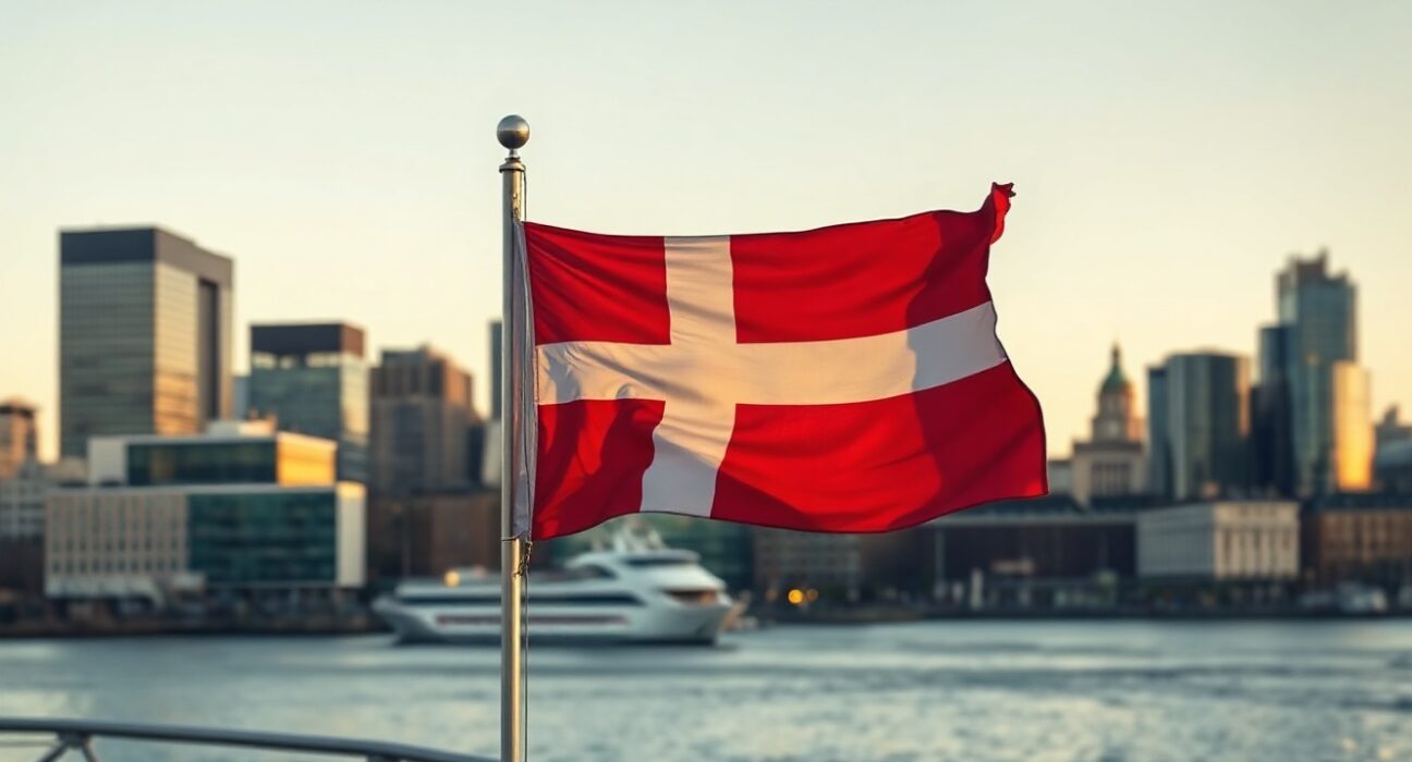 Copenhagen skyline with Danish flag at sunset, symbolizing economic stability