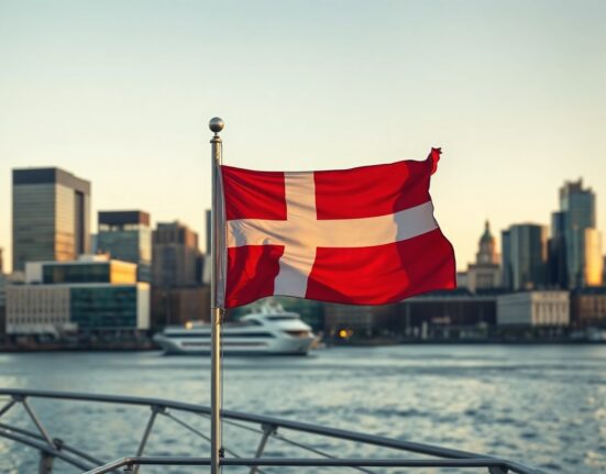 Copenhagen skyline with Danish flag at sunset, symbolizing economic stability