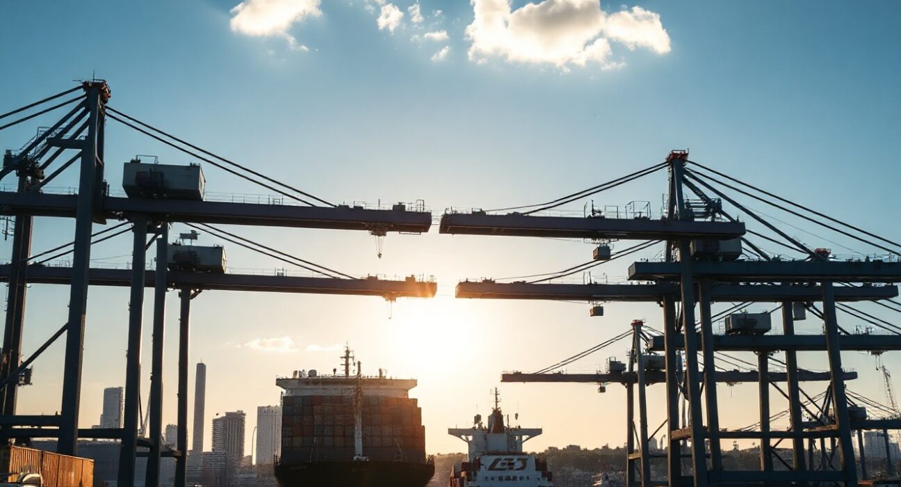 Container port in Copenhagen with ships and cranes under a partly cloudy sky