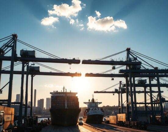 Container port in Copenhagen with ships and cranes under a partly cloudy sky