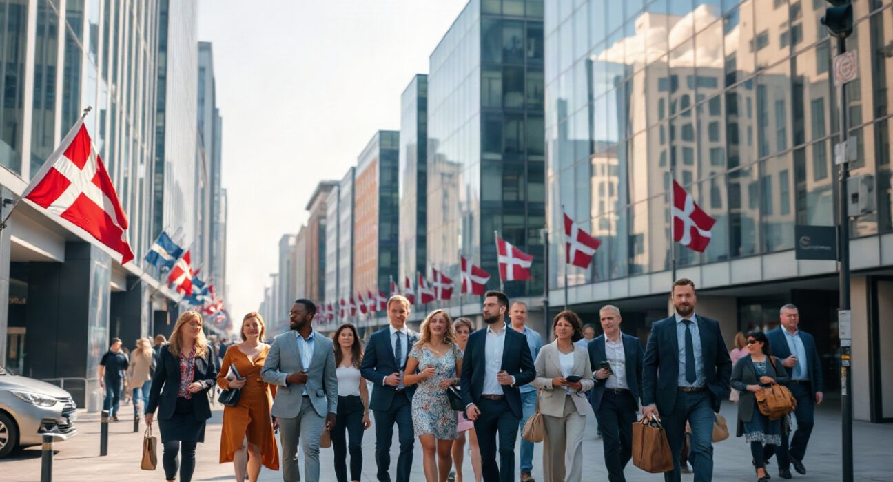 Professionals walking in a Copenhagen business district, reflecting Denmark's steady 2.7% unemployment rate.