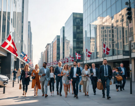 Professionals walking in a Copenhagen business district, reflecting Denmark's steady 2.7% unemployment rate.