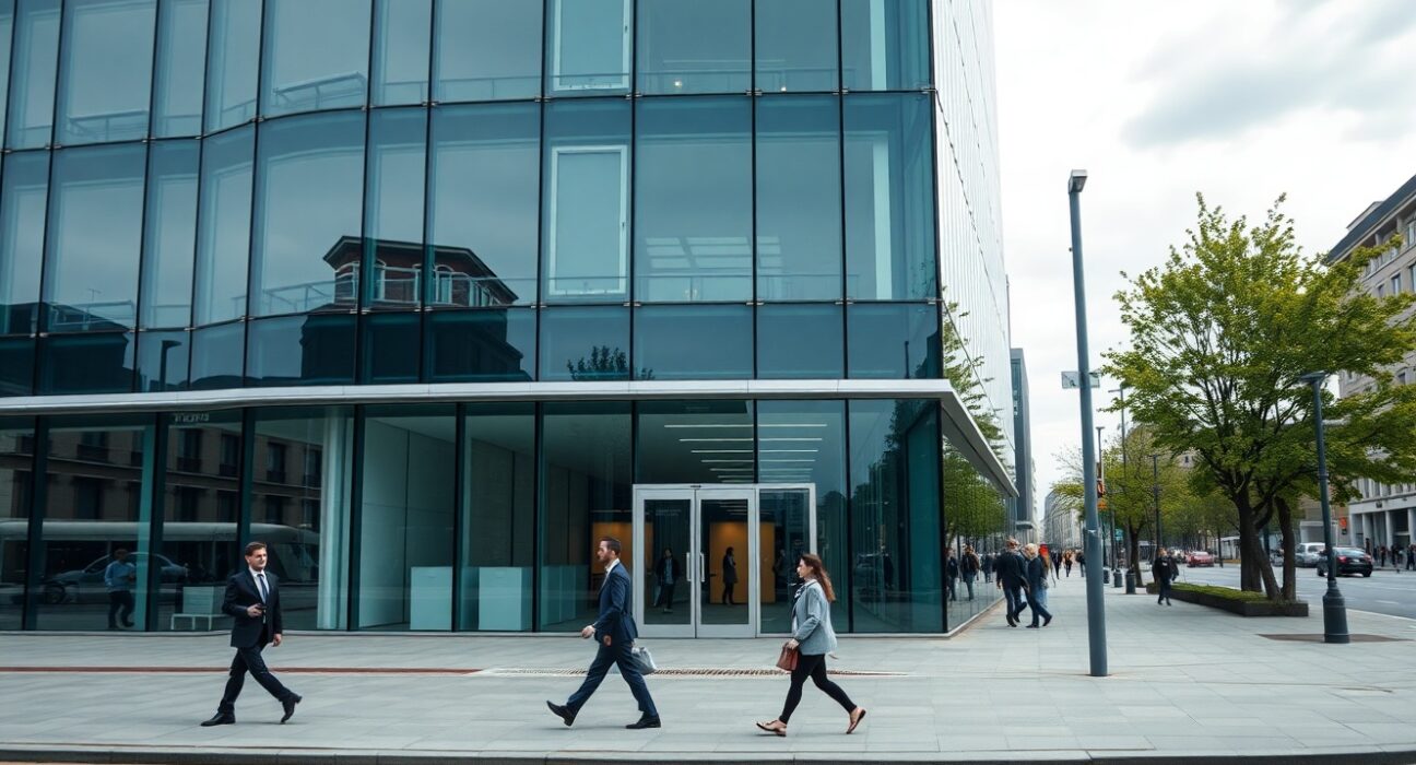 Modern office building in Copenhagen, Denmark, symbolizing the country's stable labor market and economy.