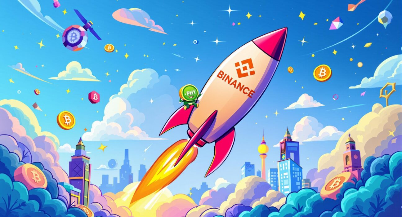 A vibrant cartoon illustration of a rocket launching, symbolizing the exciting DePHY Network listing on Binance Alpha.