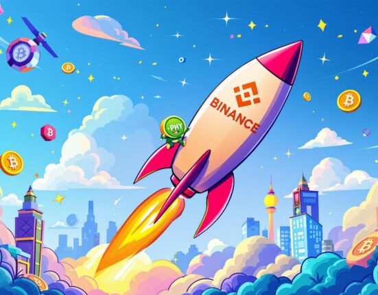 A vibrant cartoon illustration of a rocket launching, symbolizing the exciting DePHY Network listing on Binance Alpha.