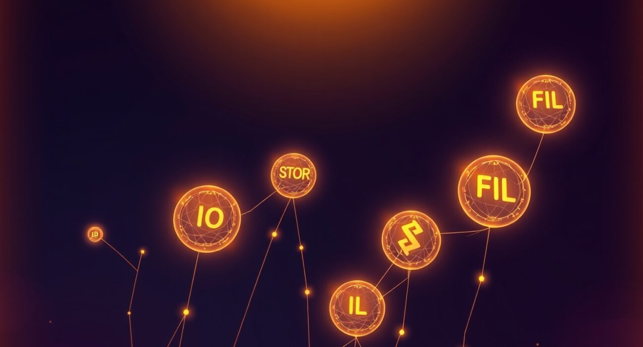 DePIN tokens rally across the board, with glowing IO, STORJ, and FIL tokens rising in a dynamic market surge.