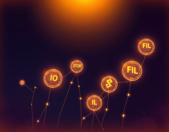 DePIN tokens rally across the board, with glowing IO, STORJ, and FIL tokens rising in a dynamic market surge.