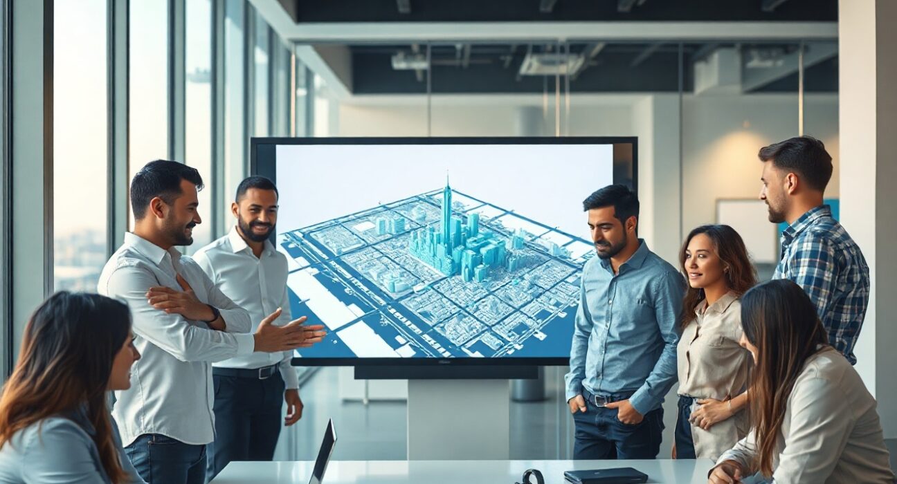 Team reviewing 3D spatial data network dashboard in modern office