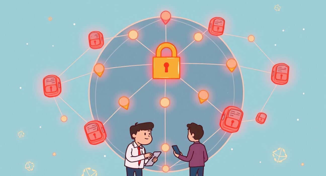 A vibrant cartoon illustrating the secure, global network of decentralized communication, highlighting Depinsim's $8M funding success.