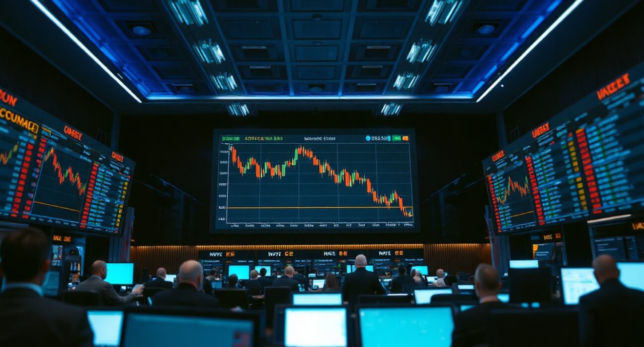 Trading screens showing crypto options data on a professional trading floor