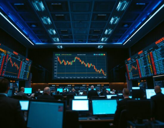 Trading screens showing crypto options data on a professional trading floor