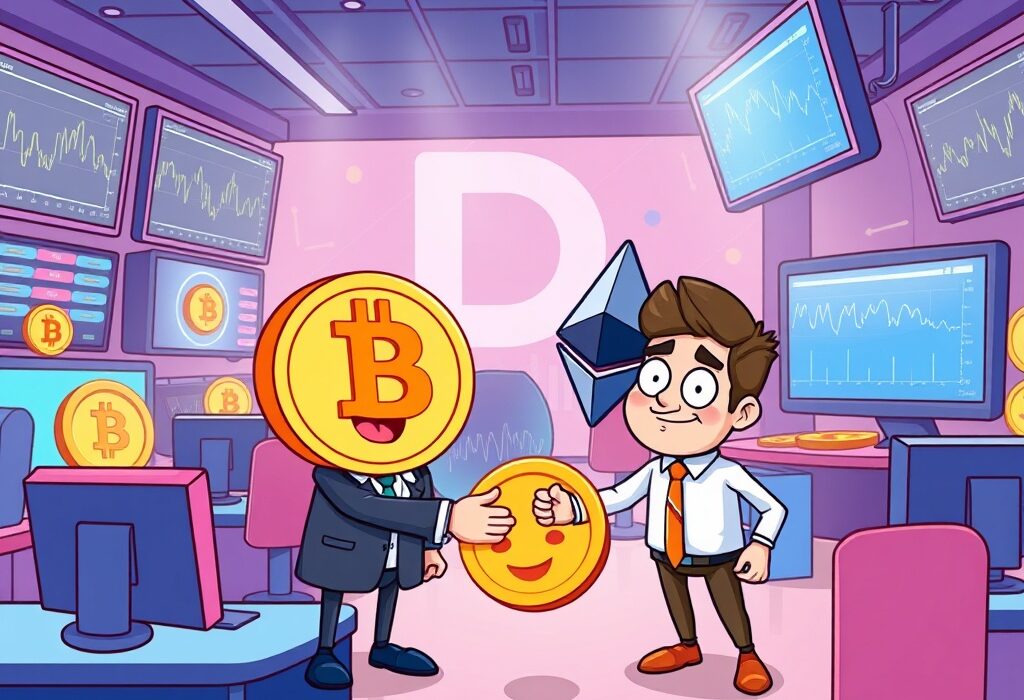 A vibrant cartoon depicting the launch of Deribit USDC options, showing simplified crypto symbols interacting with a stablecoin to represent accessible trading.