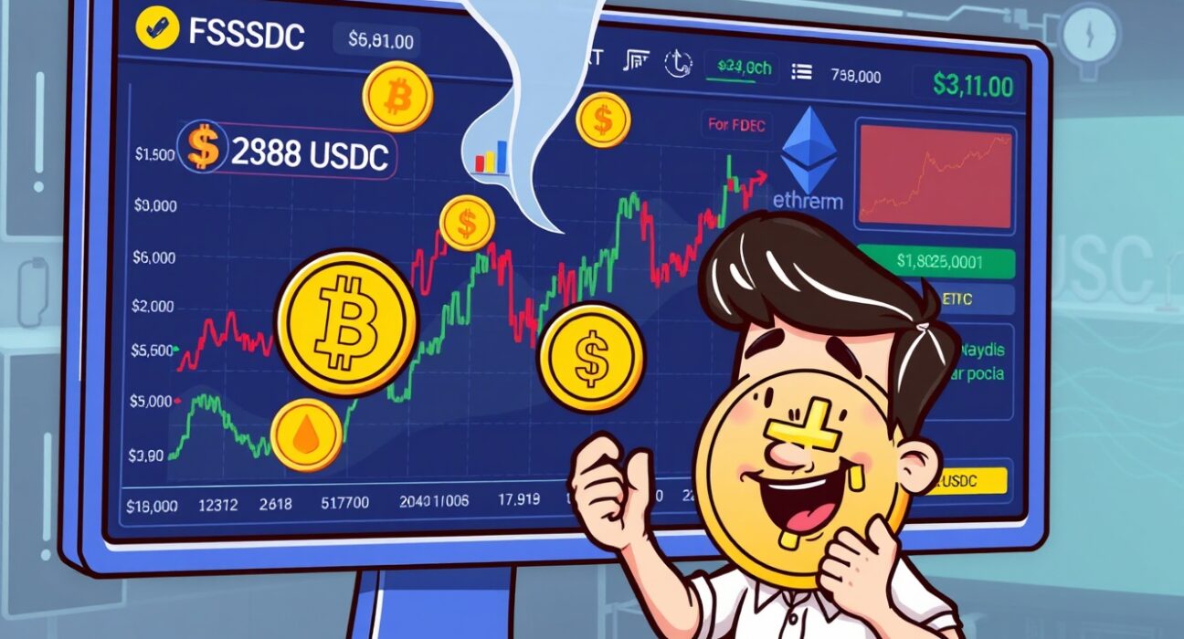 Cartoon illustration showing a trader successfully engaging with Deribit USDC options, highlighting new crypto trading opportunities.