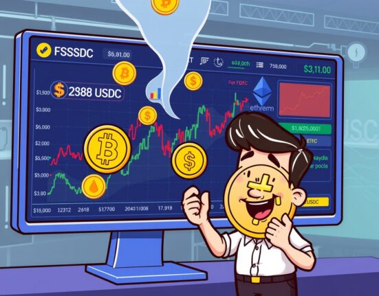 Cartoon illustration showing a trader successfully engaging with Deribit USDC options, highlighting new crypto trading opportunities.