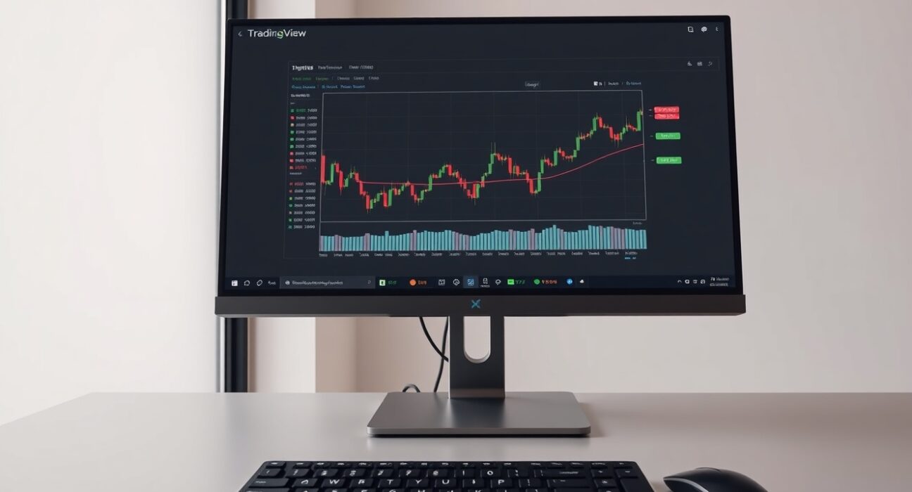 A trader's desk with a monitor displaying TradingView charts and Deriv's synthetic indices.