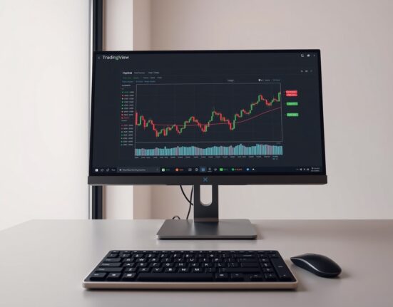 A trader's desk with a monitor displaying TradingView charts and Deriv's synthetic indices.
